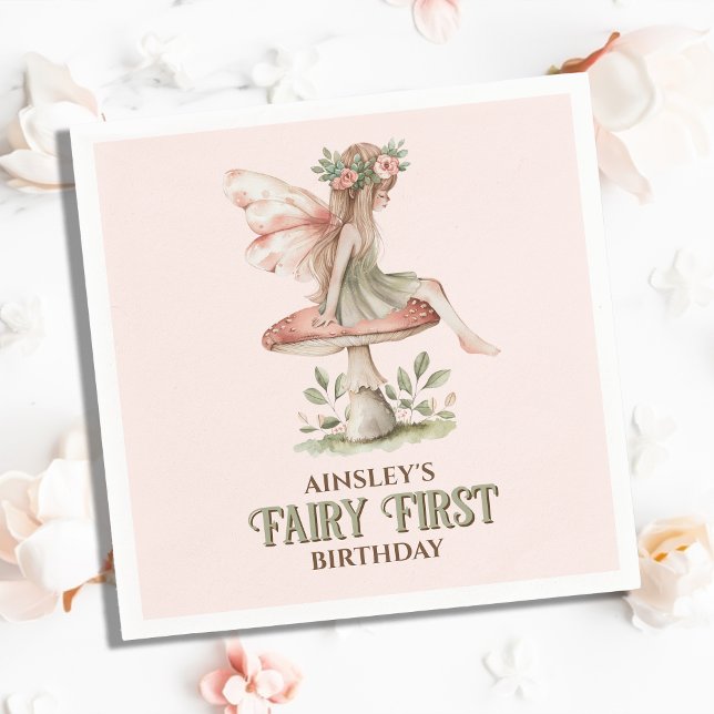 Personalized Fairy First Pink 1st Birthday Party Napkins (Creator Uploaded)