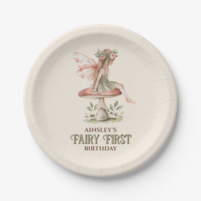 Personalized Fairy First Pink 1st Birthday Party Paper Plates (Front)