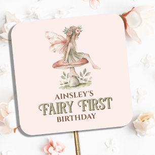 Personalized Fairy First Pink 1st Birthday Party Square Sticker