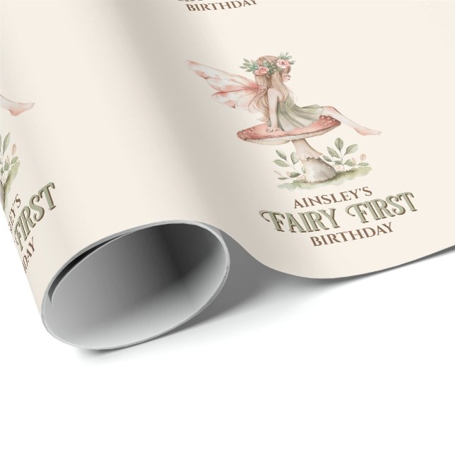 Personalized Fairy First Pink 1st Birthday Party Wrapping Paper (Roll Corner)