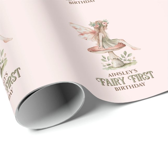 Personalized Fairy First Pink 1st Birthday Party Wrapping Paper (Roll Corner)