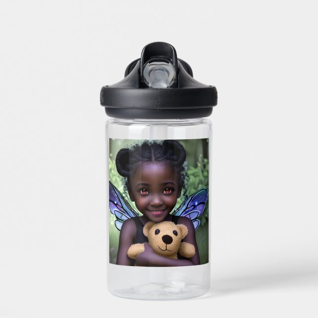 Personalized Fairy Girl and Teddy Bear Water Bottle (Front)