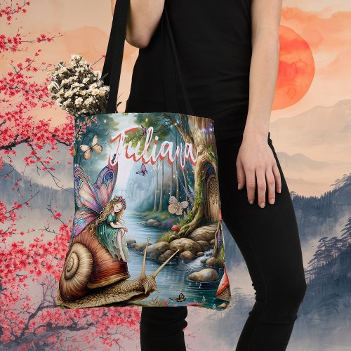 Personalized Fairy Land with Snail and Butterflies Tote Bag