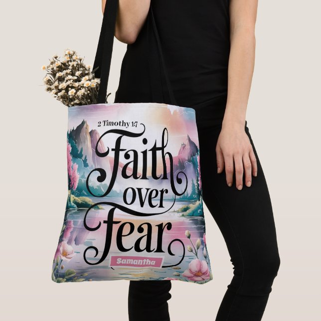 Personalized Faith Over Fear Christian Women Tote Bag (Close Up)
