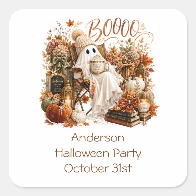Personalized Fall Autumn Ghost Halloween Party Square Sticker (Front)