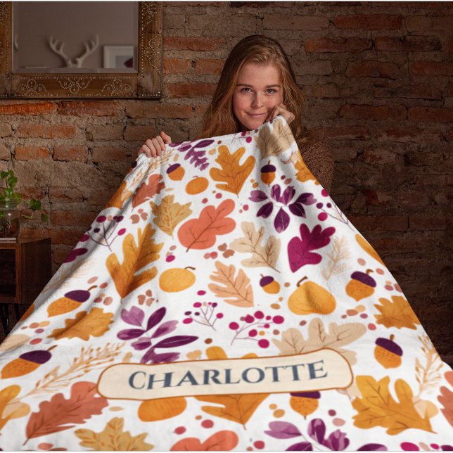 Personalized Fall – Autumn Leaves & Acorns Name Fleece Blanket (Creator Uploaded)
