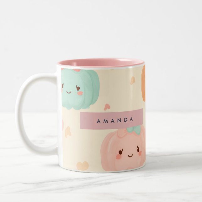 Personalized Fall Autumn Pastel Cute Pumpkin Two-Tone Coffee Mug (Left)