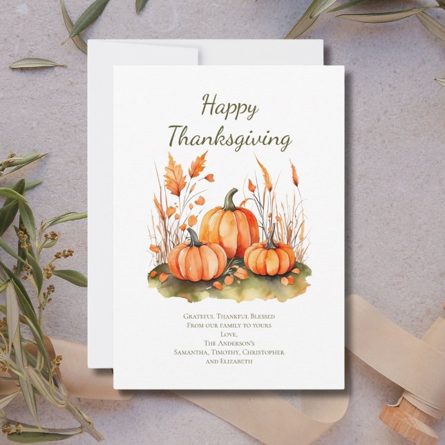 Personalized Fall Autumn Thanksgiving Day Card  (Thanksgiving card with pumpkins and fall botanicals. Printed or Digital Download)