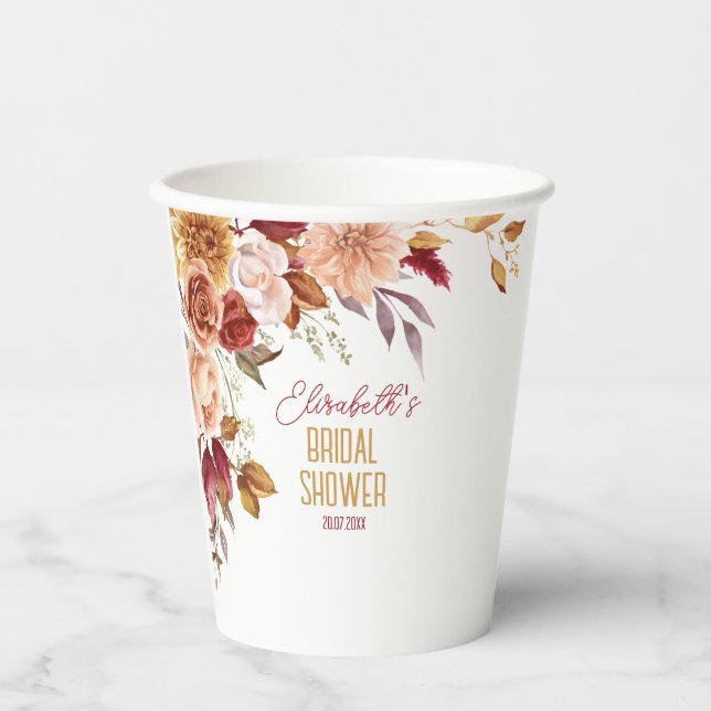  Personalized Fall Boho Floral Bridal Shower Paper Cups (Front)