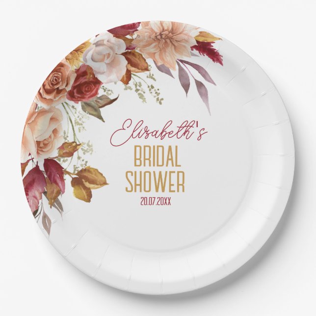  Personalized Fall Boho Floral Bridal Shower Paper Plates (Front)