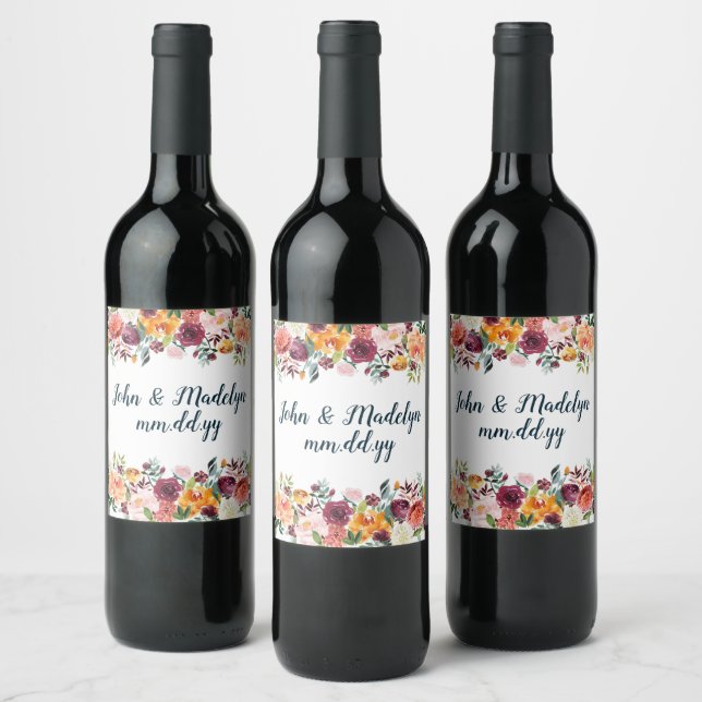 Personalized Fall Boho Wedding Watercolor Floral Wine Label (Bottles)