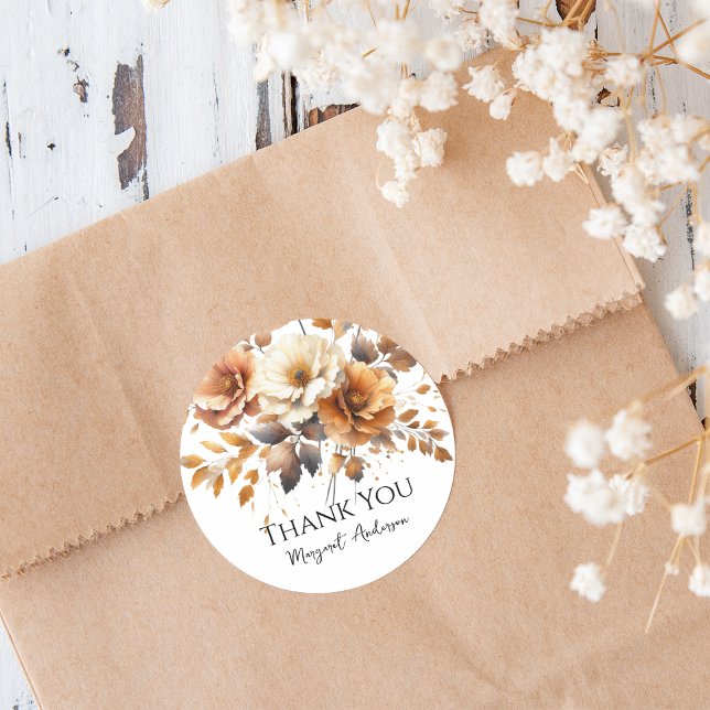 Personalized Fall Brown Floral Elegant Thank You Classic Round Sticker (Personalized Fall Brown Floral Elegant Thank You Sticker for Birthday Party or other occasions.)