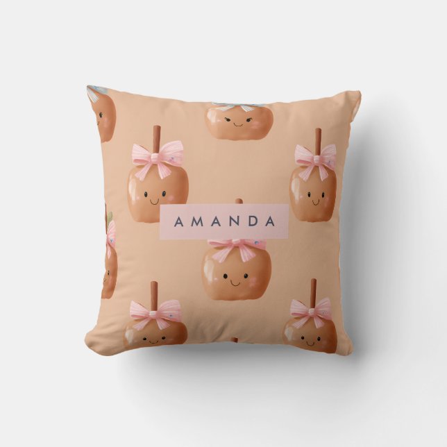 Personalized Fall Cozy Cute Caramel Apple Bow  Throw Pillow (Front)