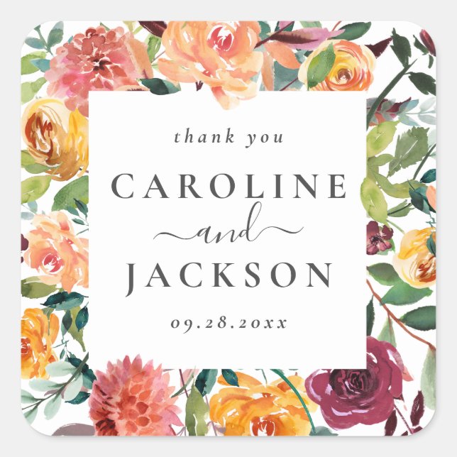 Personalized Fall Floral Thank You Favor Square Sticker (Front)