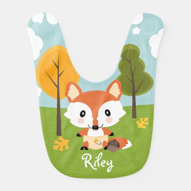 PERSONALIZED FALL FOX IN DIAPERS BABY BIB (Front)