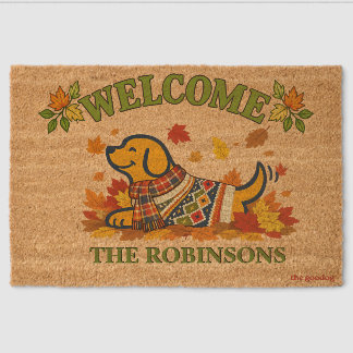 Personalized Fall Leaf Pup Welcome Fiber Doormat