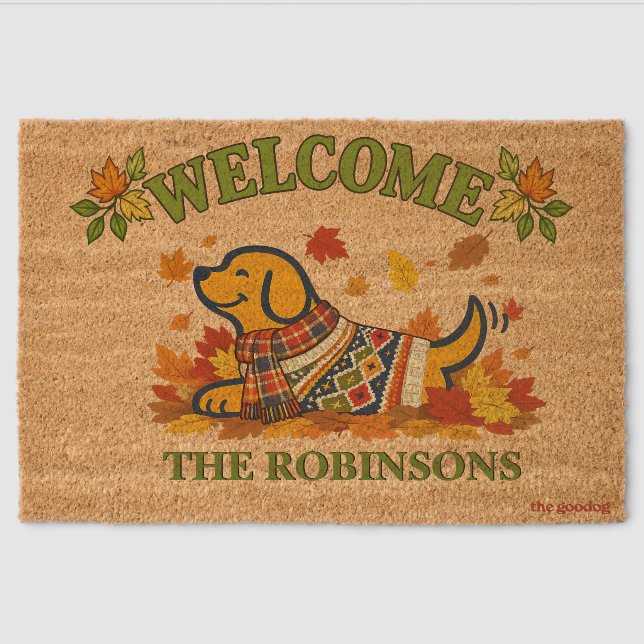 Personalized Fall Leaf Pup Welcome Fiber Doormat (Front)