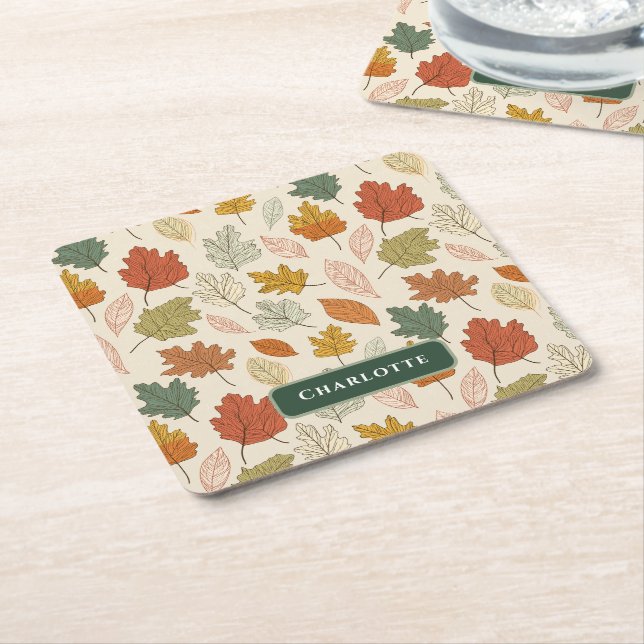 Personalized Fall Leaves – Cozy Autumn Custom Name Square Paper Coaster (Angled)