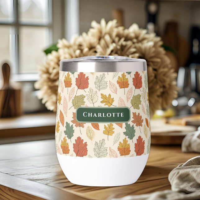 Personalized Fall Leaves – Cozy Autumn Custom Name Thermal Wine Tumbler (Creator Uploaded)