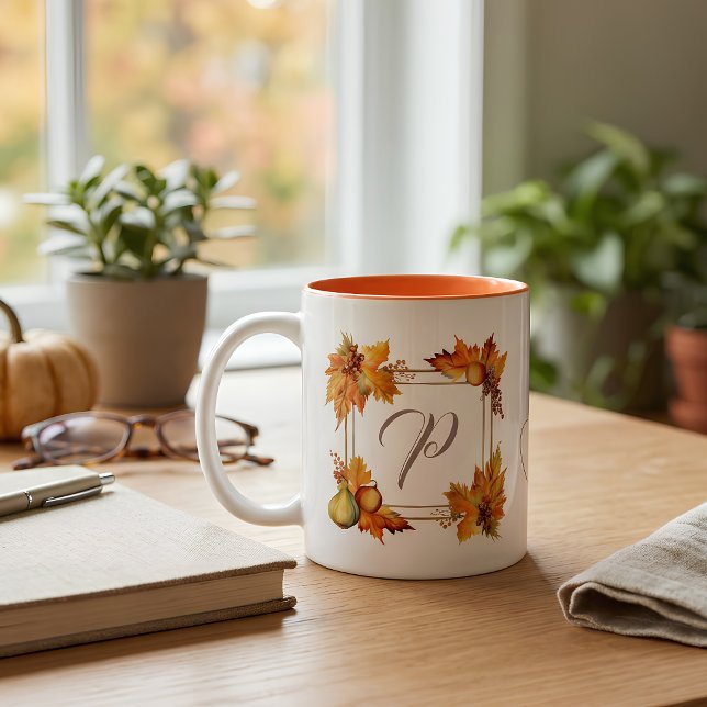 Personalized Fall Leaves Monogram Two-Tone Coffee Mug (Creator Uploaded)