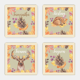 Personalized Fall Leaves, Pinecones Fawn Buck Coaster Set