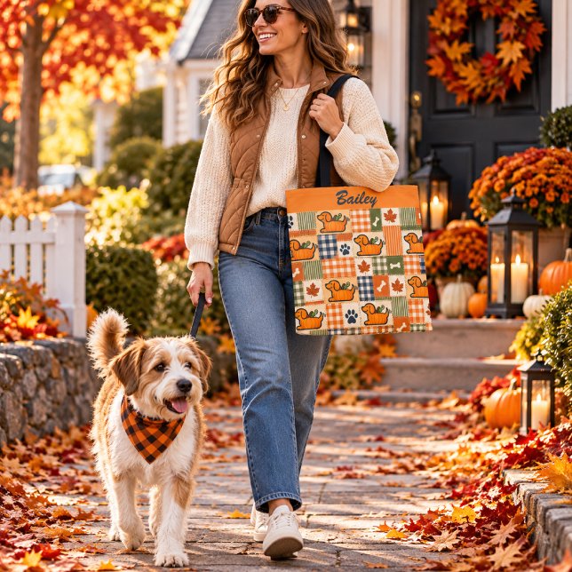Personalized Fall Patchwork Pup Pumpkin All Over Tote Bag (Creator Uploaded)