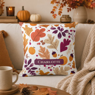 Personalized Fall Pillow – Autumn Leaves & Acorns