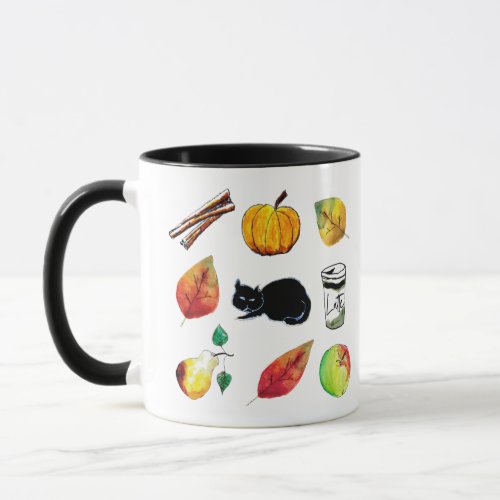Personalized Fall Pumpkin Leaves Black Cat Autumn Mug
