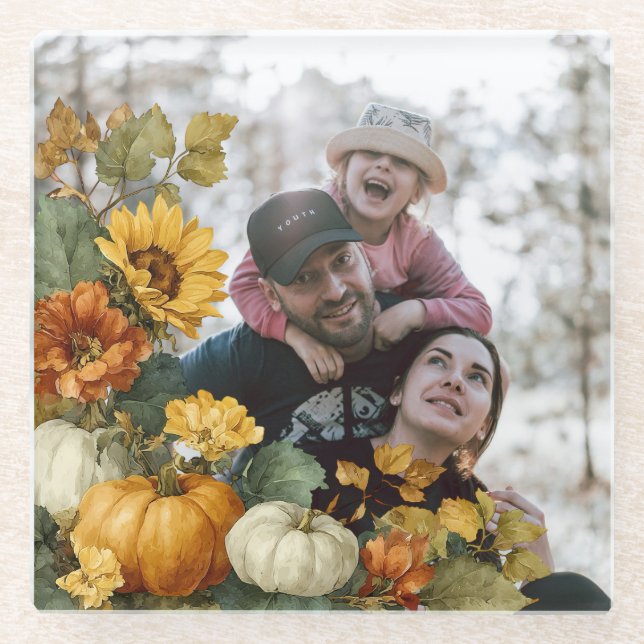 Personalized Fall Pumpkin Photo Design Glass Coaster (Front)