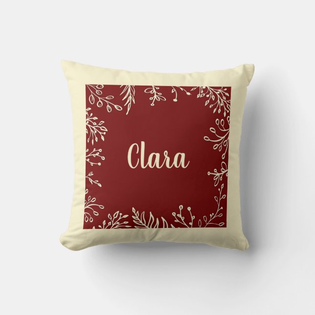 Personalized Fall Red Botanical Name Throw Pillow (Front)
