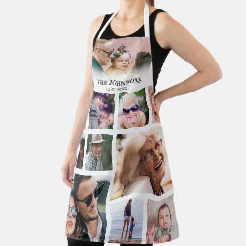 Personalized Family 11 Photo Collage Apron - Modern personalized picture all-over printed apron featuring a 11 photo collage of family, your last name, and the year established.