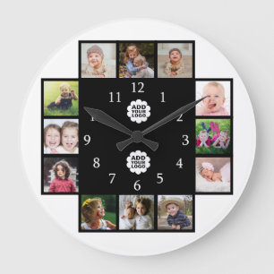 Personalized Family 12 Photo Collage 2 Logo Black Large Clock