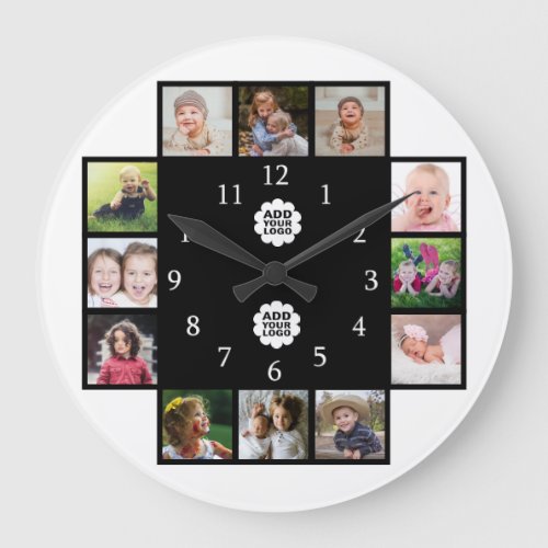 Personalized Family 12 Photo Collage 2 Logo Black  Large Clock