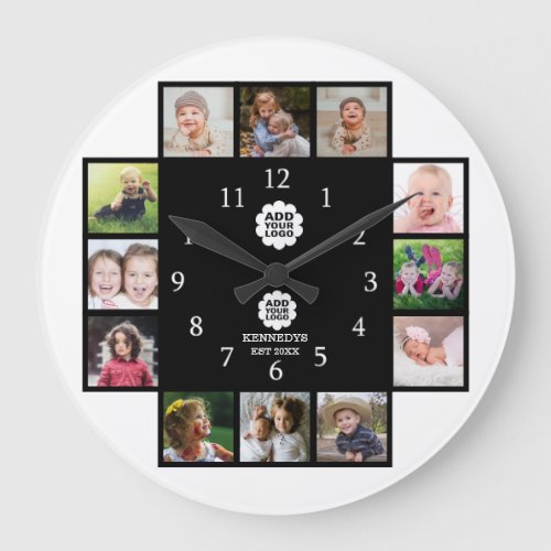 Personalized Family 12 Photo Collage Black 2 Logo Large Clock