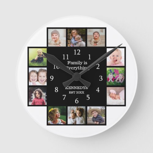 Personalized Family 12 Photo Collage Frame Black Round Clock