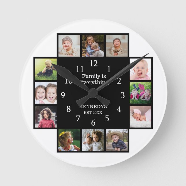 Personalized Family 12 Photo Collage Frame Black Round Clock (Front)
