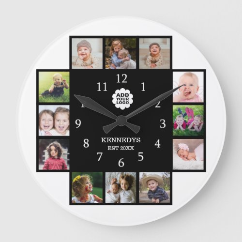 Personalized Family 12 Photo Collage Logo Black   Large Clock