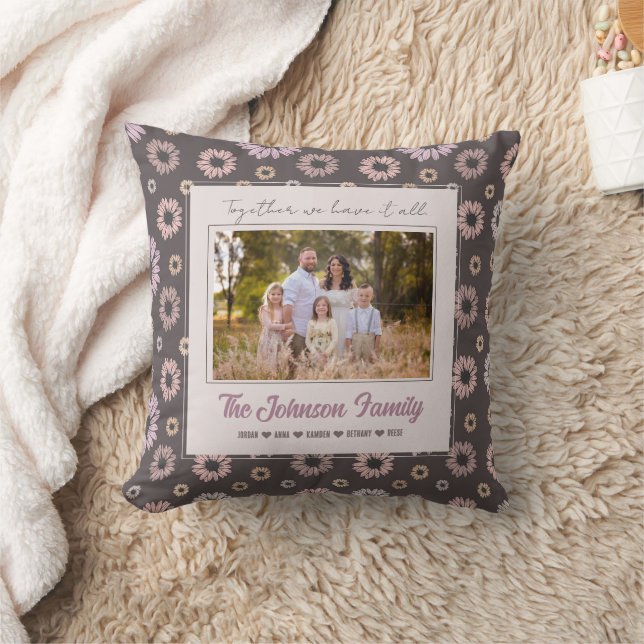 Personalized Family 1 photo Floral Modern Name  Throw Pillow (Blanket)