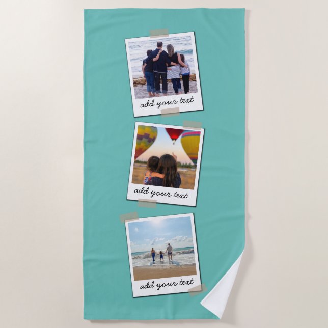 Personalized Family 3 Photo Custom Collage Beach Towel (Front)