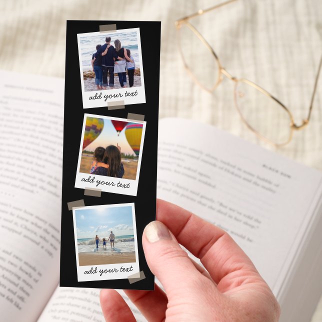 Personalized Family 3 Photo Custom Collage Black Bookmarks (Hand)