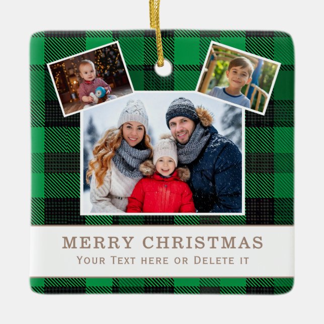 Personalized Family 3 Photo Green Plaid Christmas  Ceramic Ornament (Front)