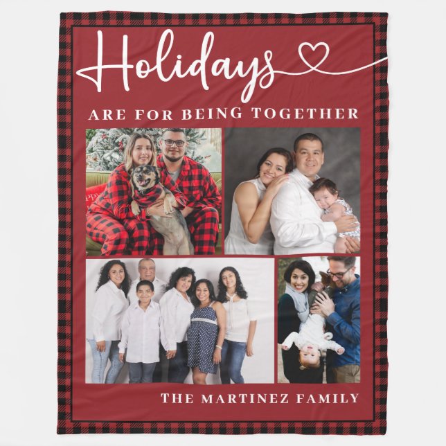 Personalized Family 4-Photo Collage Holidays Fleece Blanket (Front)