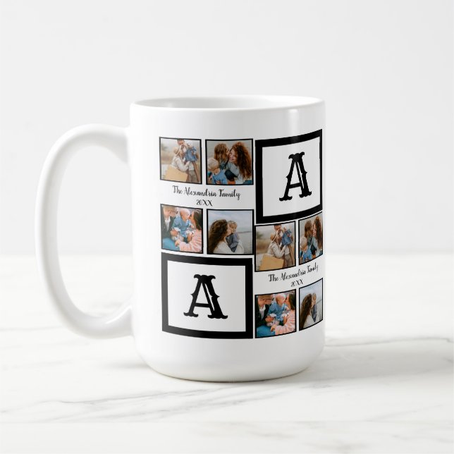 Personalized family 4 photo collage monogram coffee mug (Left)