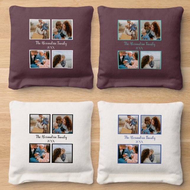 Personalized family 4 photo collage template cornhole bags (Wood)