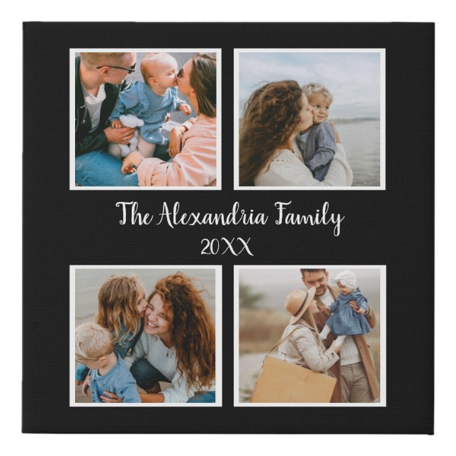 Personalized family 4 photo collage template faux canvas print (Front)