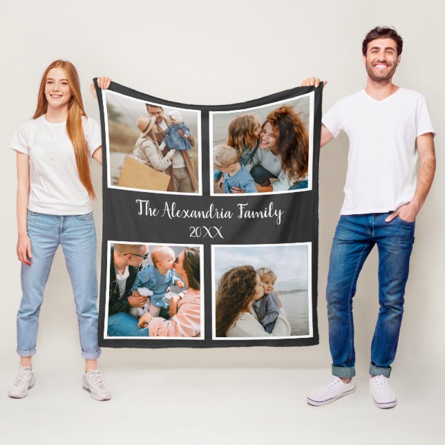 Personalized family 4 photo collage template fleece blanket (In Situ)