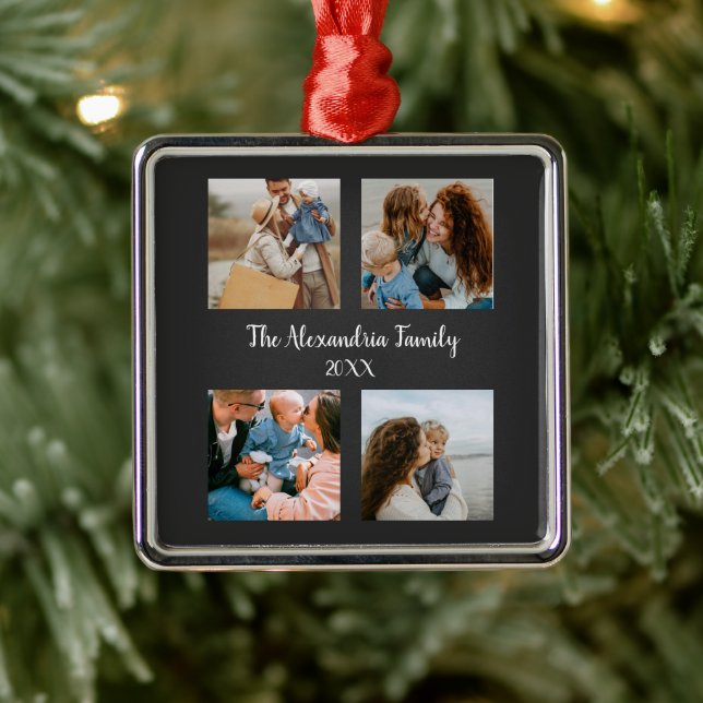 Personalized family 4 photo collage template metal ornament (Tree)