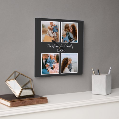 Personalized family 4 photo collage template square wall clock