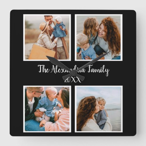 Personalized family 4 photo collage template square wall clock