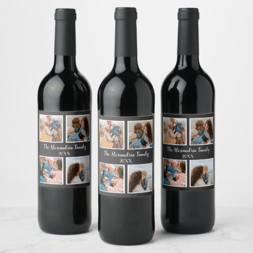 Personalized family 4 photo collage template wine label